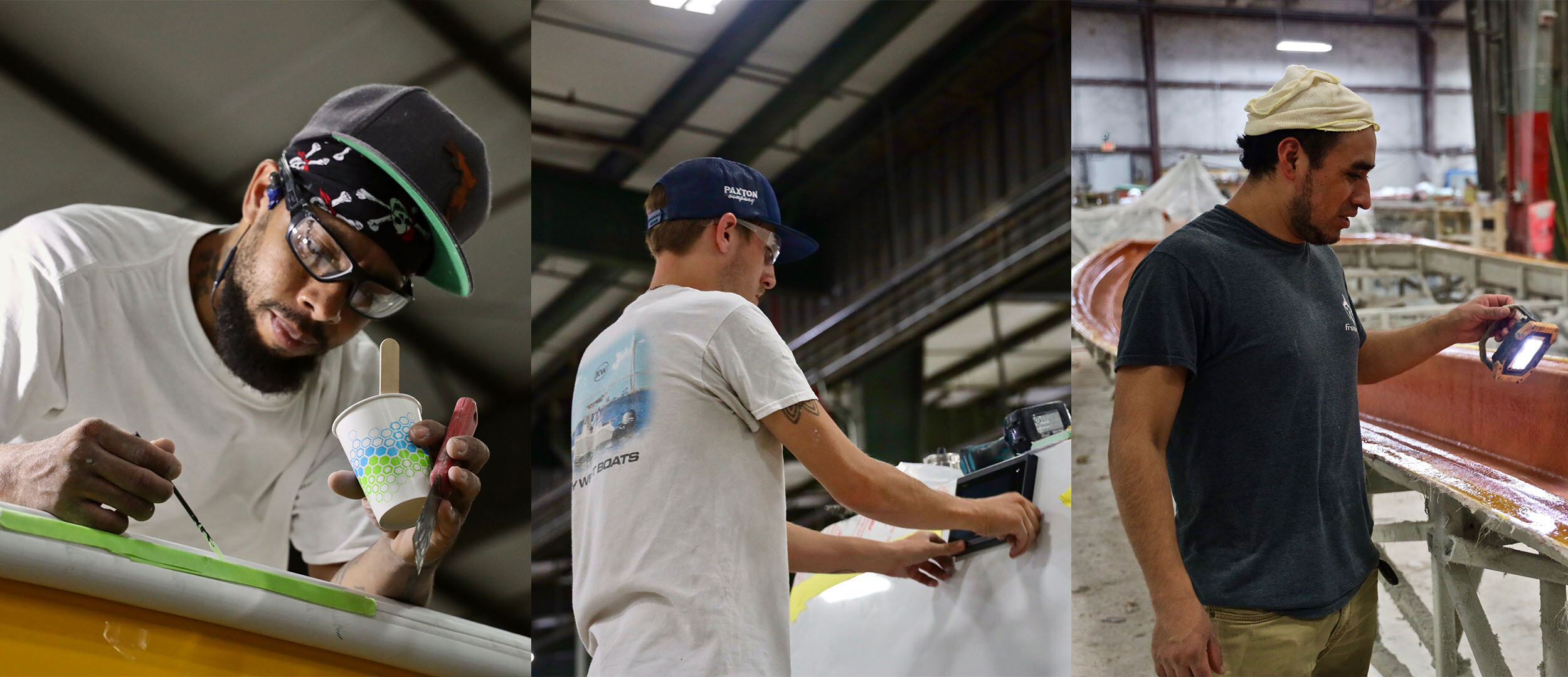 Freeman Boatworks team members working on boat construction and finishing in the factory.